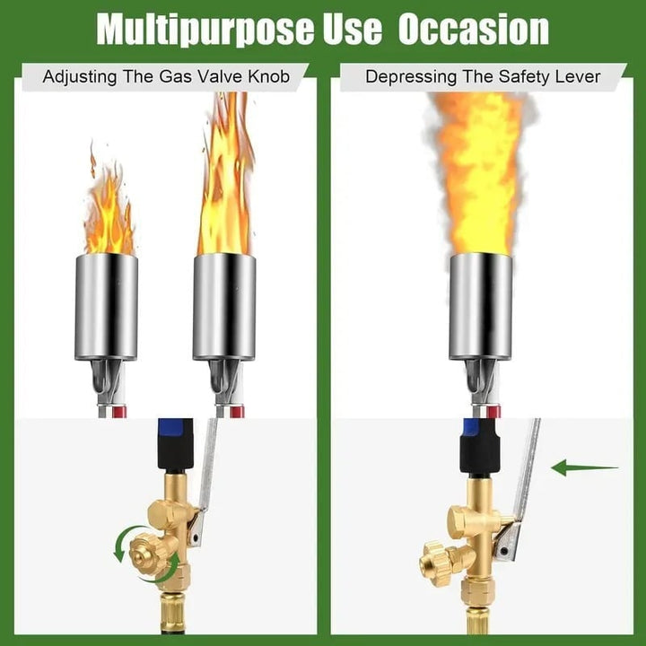 Outil de jardinage professionnel : chalumeau désherbeur ergonomique et sûr pour un usage extérieur intensif au propane.