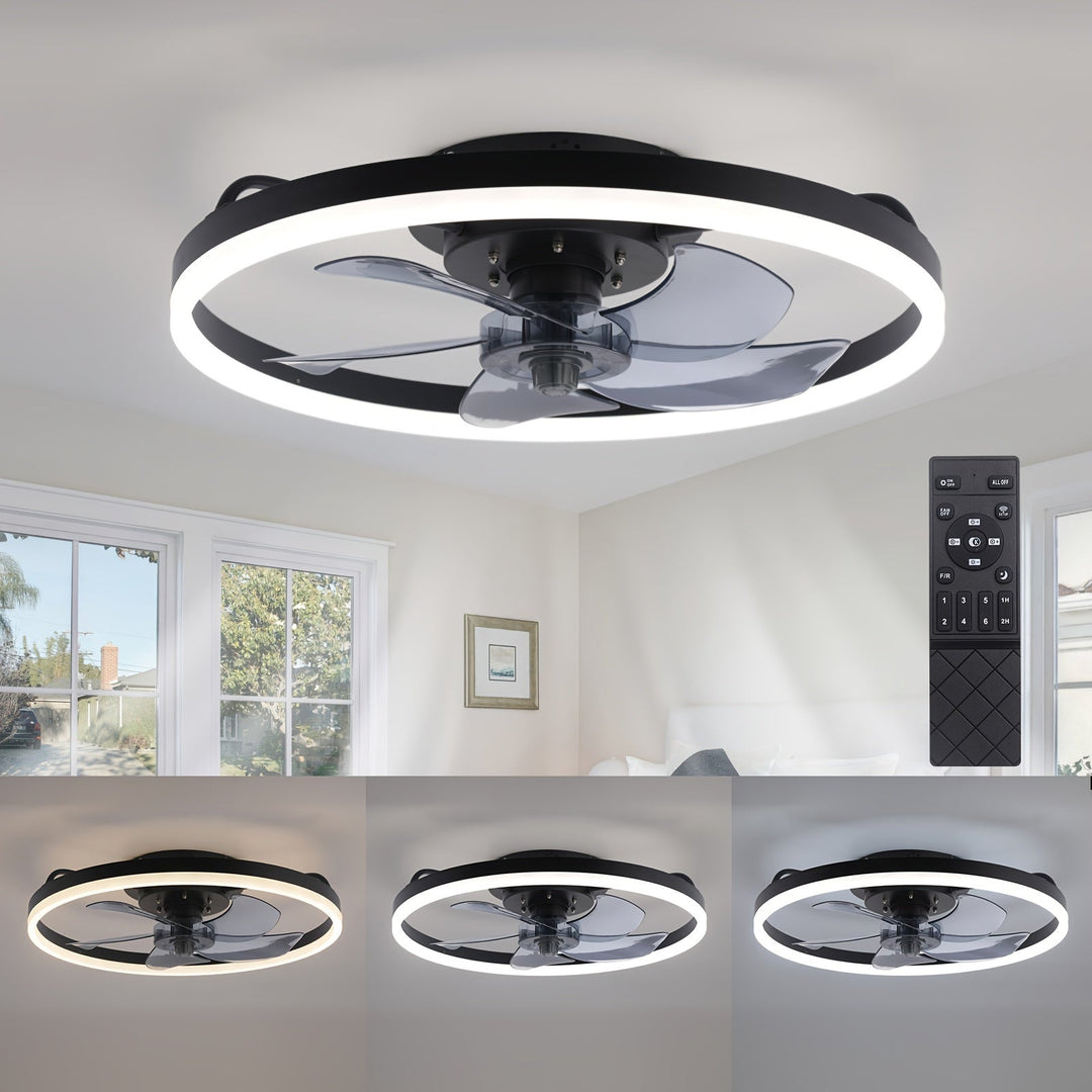 Ventilateur de plafond SilentBreeze 50 cm, silencieux et économe, avec éclairage LED intégré pour salon moderne.