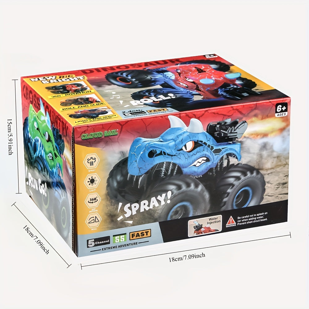 Voiture RC DinoBlaze bleue dinosaure avec phares LED éclatants et effet de fumée. Jouet télécommandé pour enfants.
