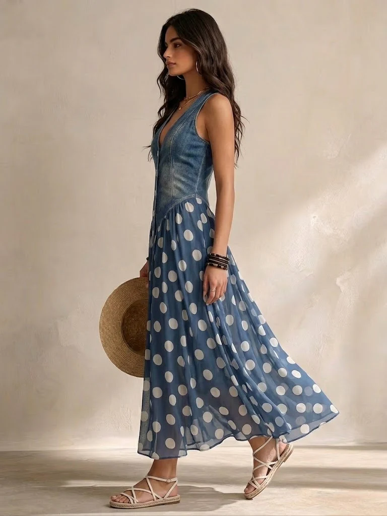 Robe longue estivale femme, col V sans manches, bustier effet jean, jupe fluide noire à pois blancs.