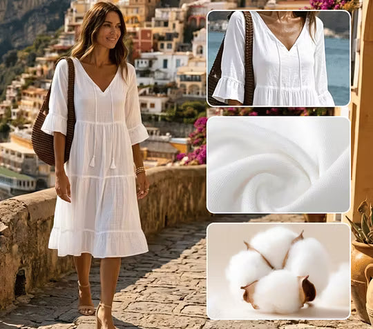 Robe midi printanière estivale, col V, coupe fluide, pour un look mode féminin décontracté chic.