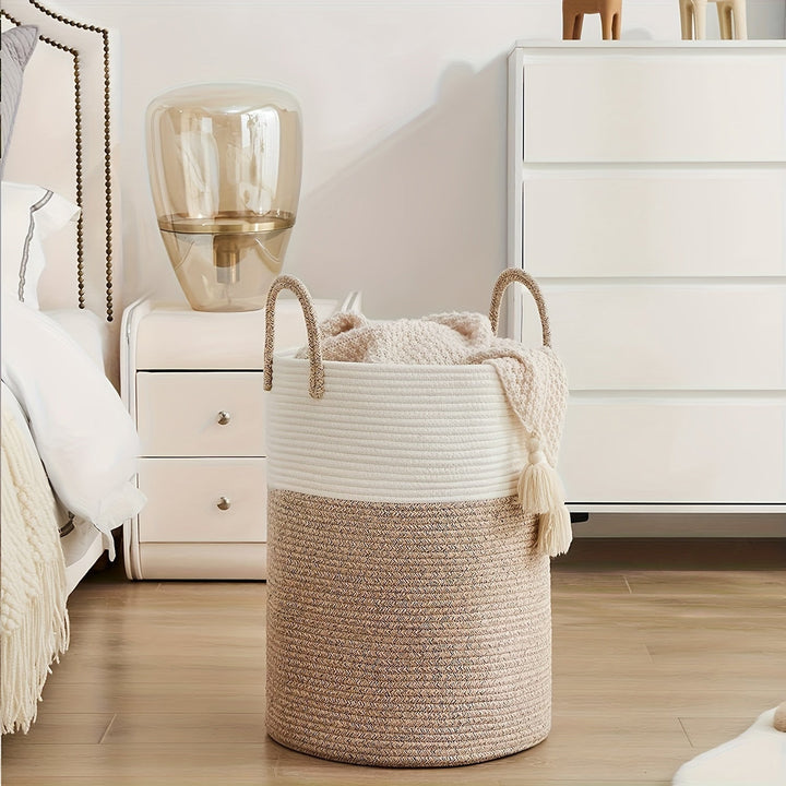 Panier de rangement durable bicolore, idéal pour le linge, l'organisation de la maison.