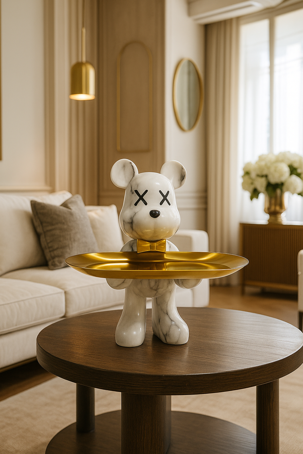 Ours décoratif design avec plateau de rangement. Idéal pour clés, bijoux dans chambre ou hall d'entrée.