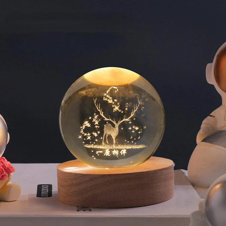Lampe cristal 3D avec motifs d'univers, éclairage ambiant et moderne.