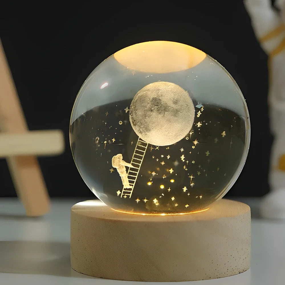 Lampe cristal 3D univers, lumière chaude pour créer une ambiance cosy.