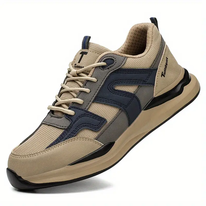 Chaussures de sécurité robustes pour hommes, beige, garantissant protection et confort optimal pour le travail.