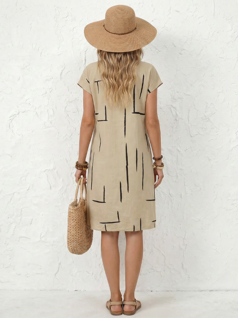 Robe midi femme à manches courtes en coton lin doux, imprimé géométrique élégant, pour un look chic et décontracté.
