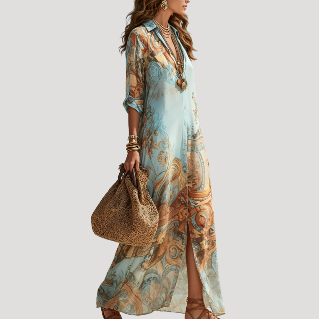 Robe longue imprimée bleue pour femme, style chemise fluide, élégante et confortable pour l'été.