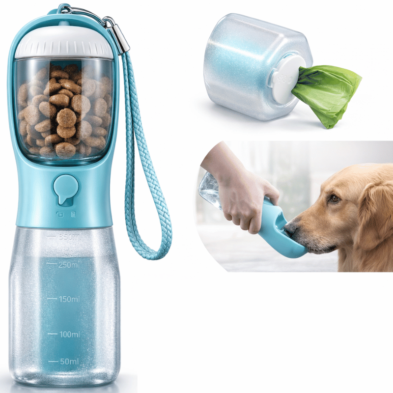 Gourde portable 3-en-1 pour chien: eau, croquettes et sacs de propreté intégrés.