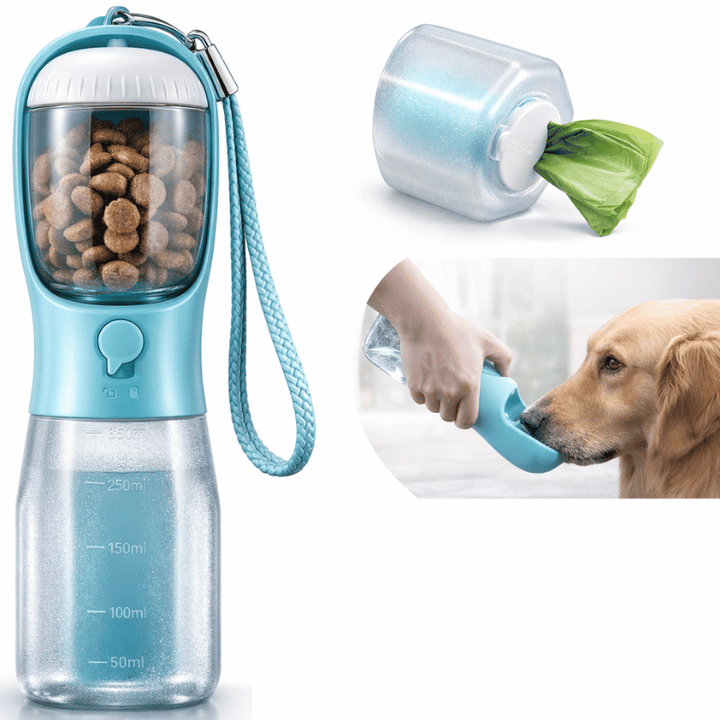 Gourde portable 3-en-1 pour chien: eau, croquettes et sacs de propreté intégrés.