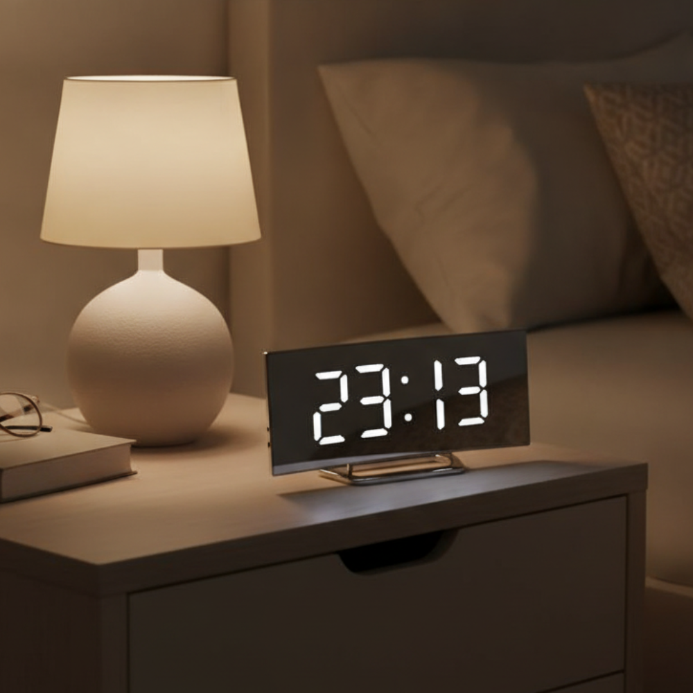 Horloge de chevet numérique LED incurvée USB, style moderne, affichage clair et lisible, design élégant.