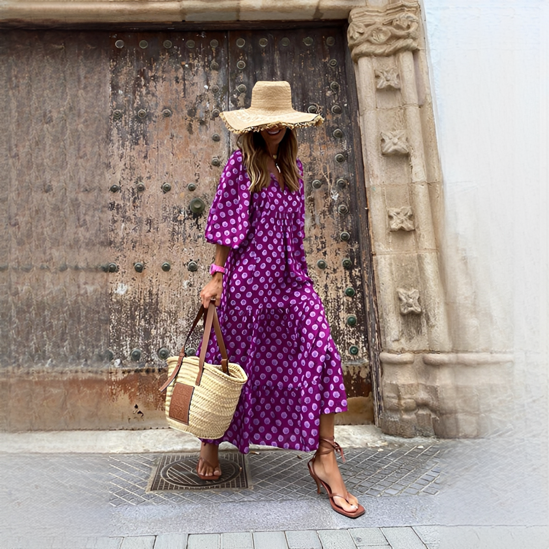 Robe d'été femme bohème fluide, coupe élégante. Maxi robe décontractée chic pour l'été, disponible en vert, bleu et violet.