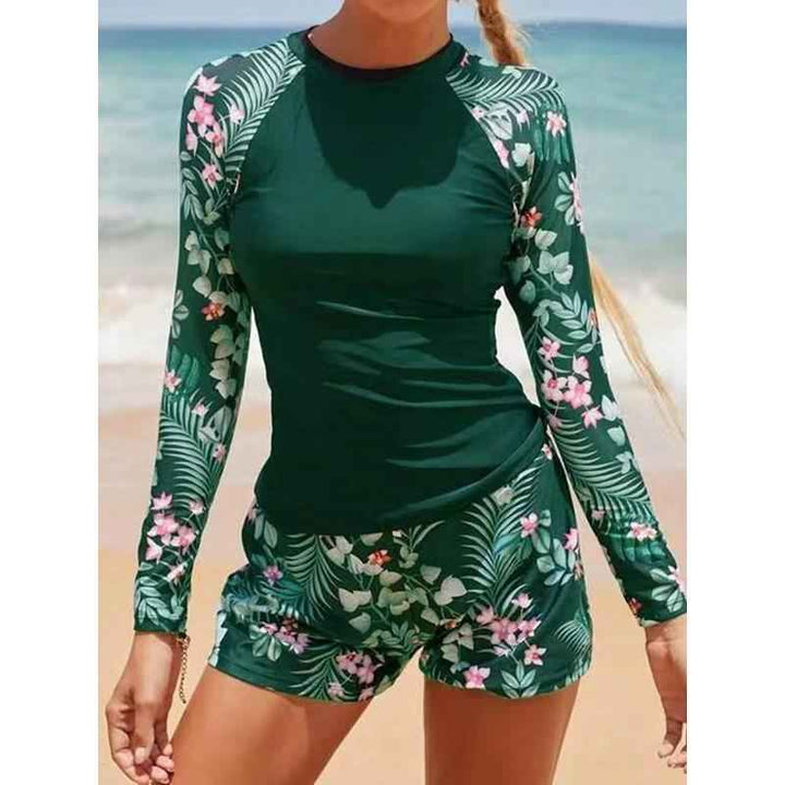 Maillot de bain sport femme, deux pièces, manches longues, pour la natation et la protection solaire.