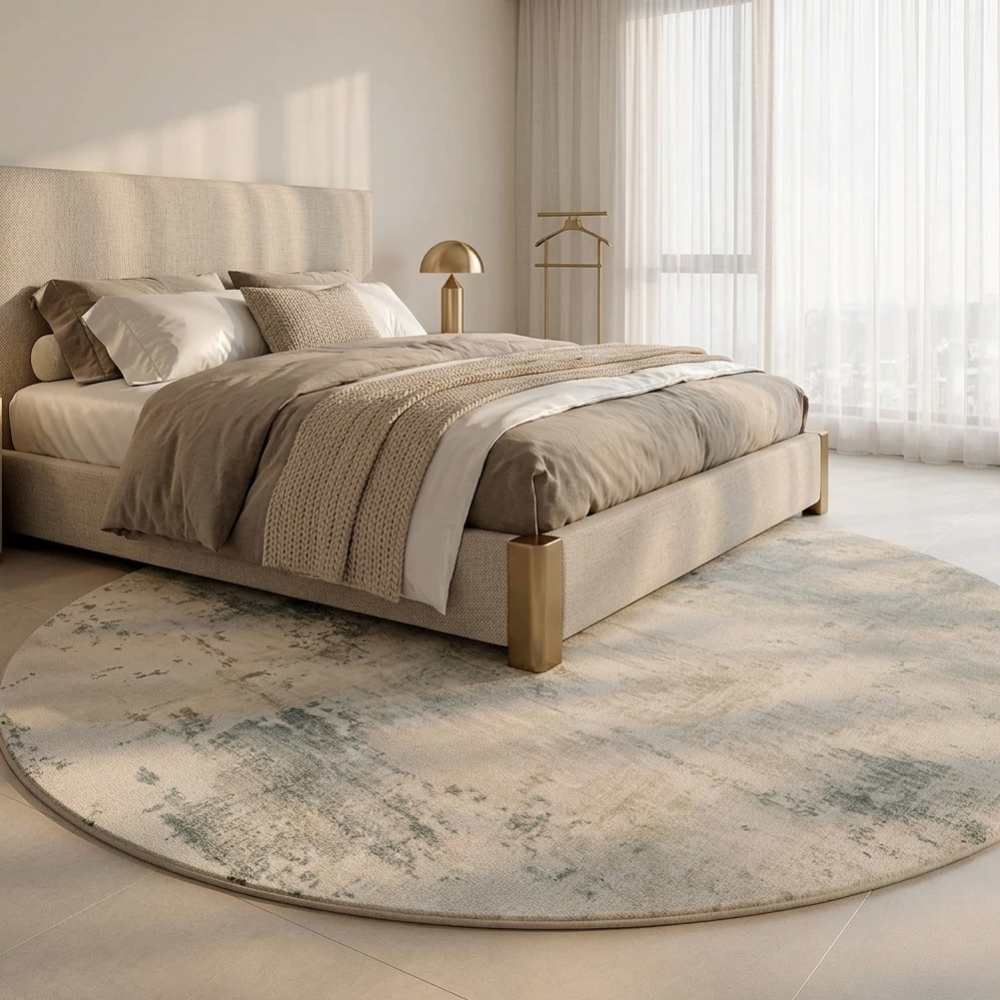 Tapis moelleux rond pour salon ou chambre, texture peluche, ajoute une touche de luxe et chaleur.
