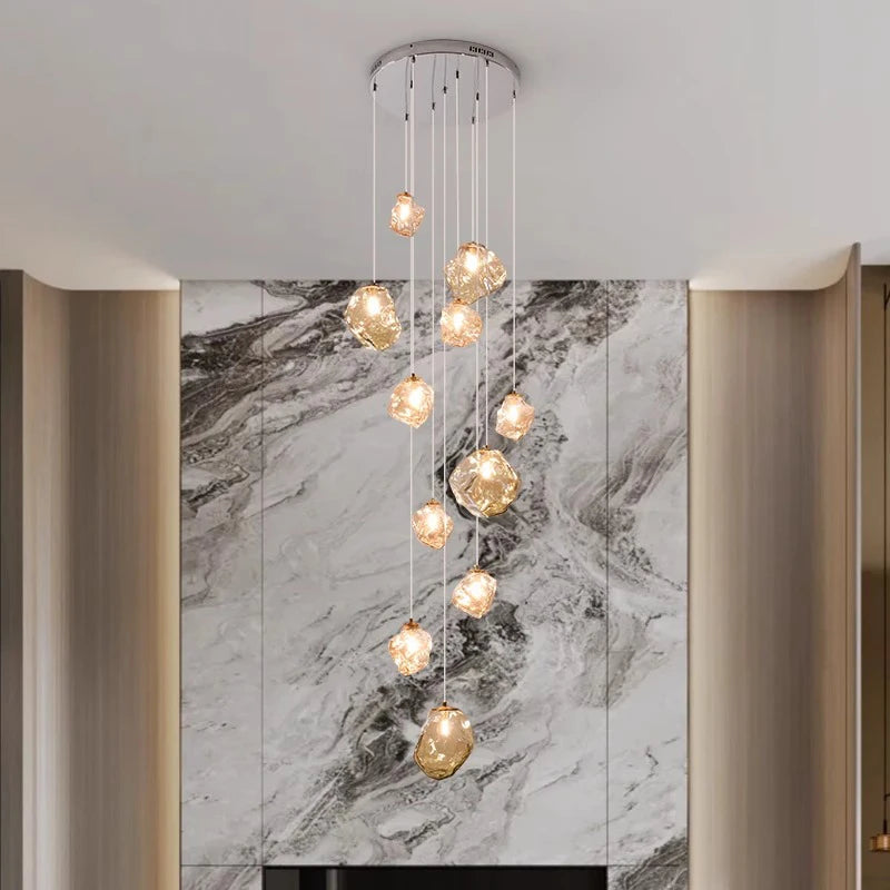 Chandelier d'escalier LED suspendu, design nordique contemporain, luminaire réglable pour villa.
