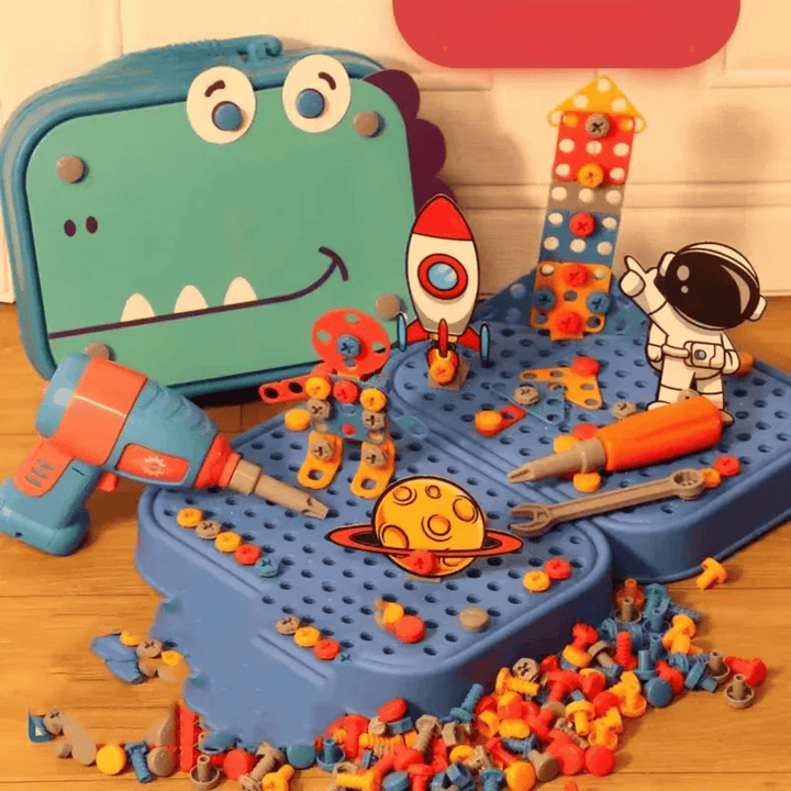 Jeu de construction créatif pour enfants avec perceuse électrique, développe la motricité fine et l'imagination.