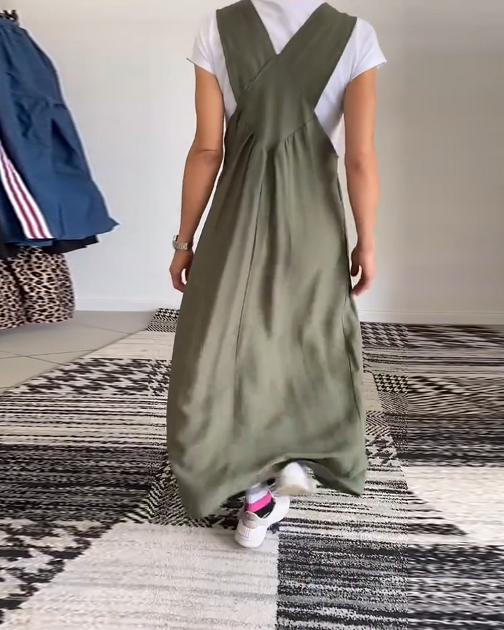 Robe maxi salopette confortable grande taille, style fluide et chic, mode femme été.