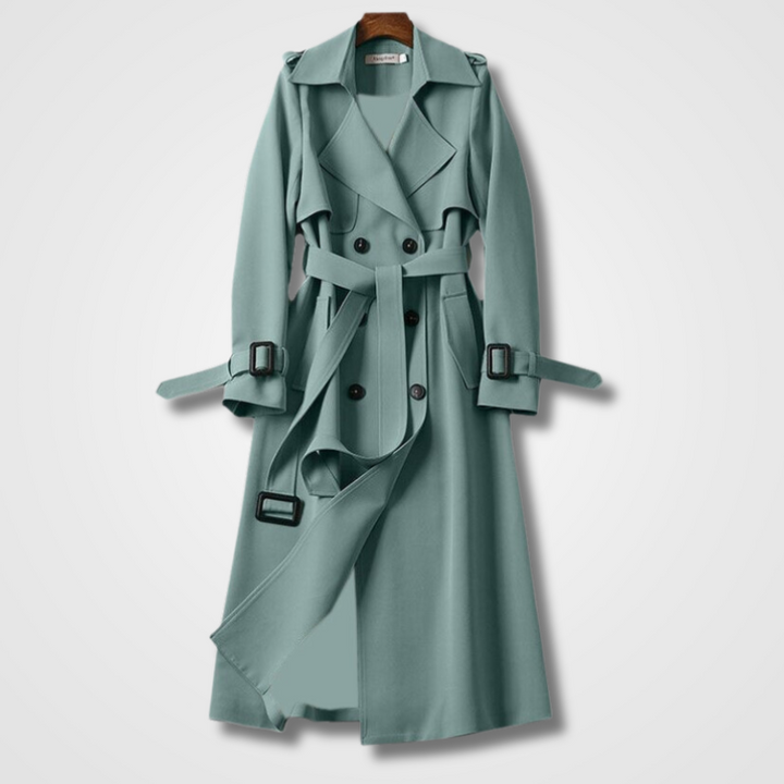 Trench-coat femme classique vert, idéal pour un style chic et intemporel. Manteau mode polyvalent automne-printemps.