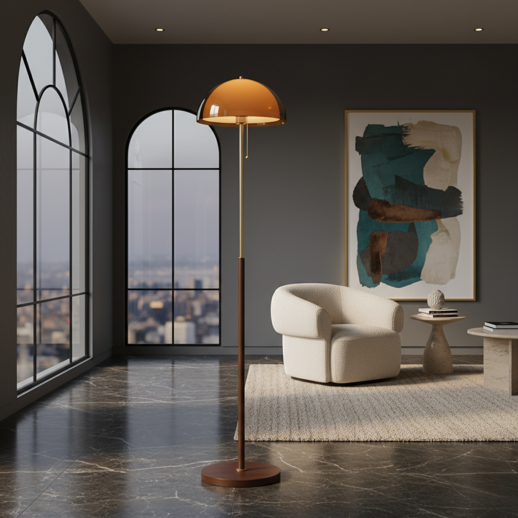 Lampe de sol Rustina, design moderne rétro, dôme ambré, finition noyer pour décoration intérieure.