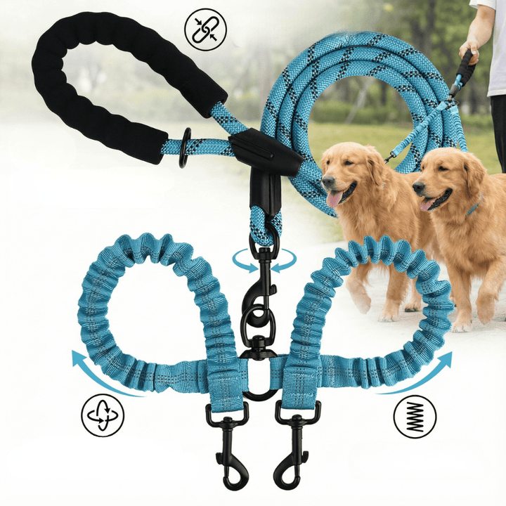Laisse 2-en-1 pour chien en nylon, avec système anti-enchevêtrement et absorption des chocs.
