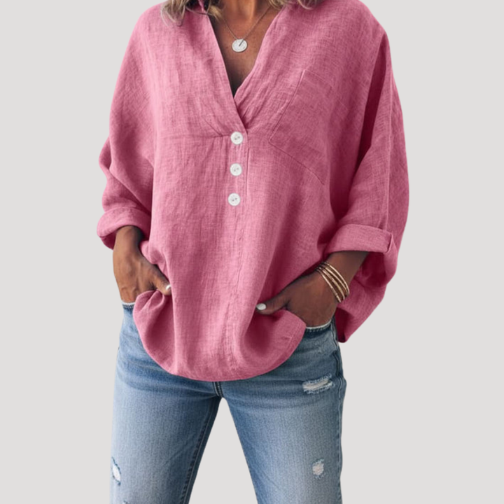 Top femme décontracté à coupe ample, chemisier boutonné chic pour l'été.