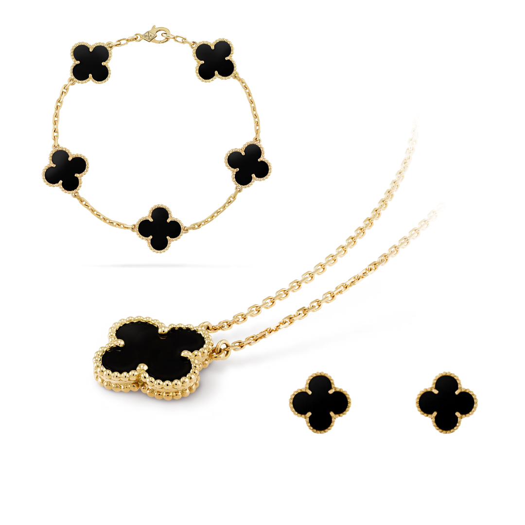 Ensemble bijoux femme élégant trèfle noir doré 18K hypoallergénique, collier, boucles d'oreilles et bracelet.