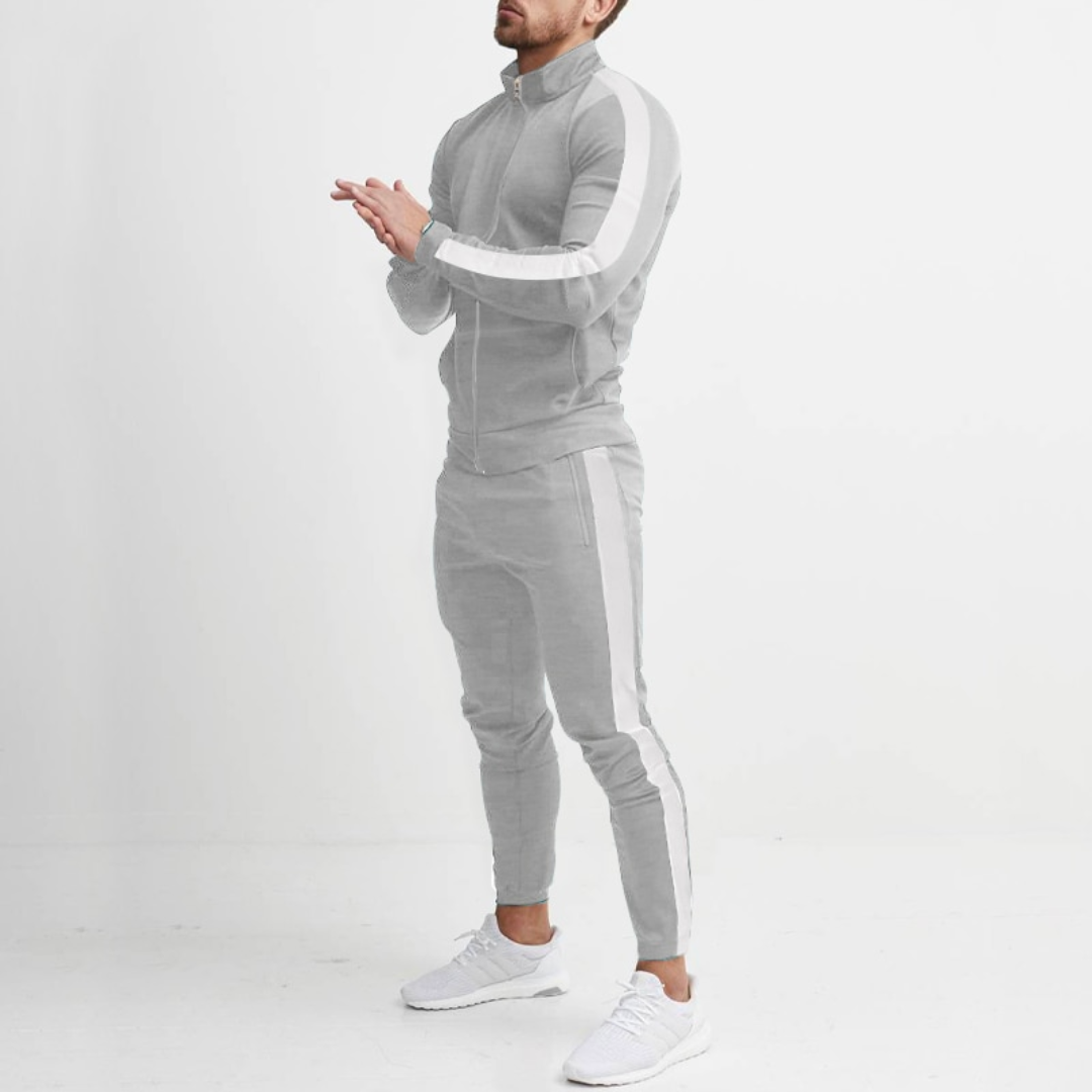 Ensemble de jogging homme luxe deux pièces, idéal pour sport et détente. Confortable et stylé en polyester.