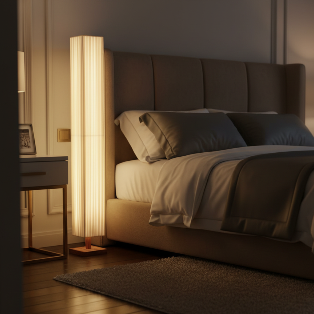 Design japonais minimaliste: lampe sur pied pour chambre, éclairage LED doux, ambiance relaxante et élégante.
