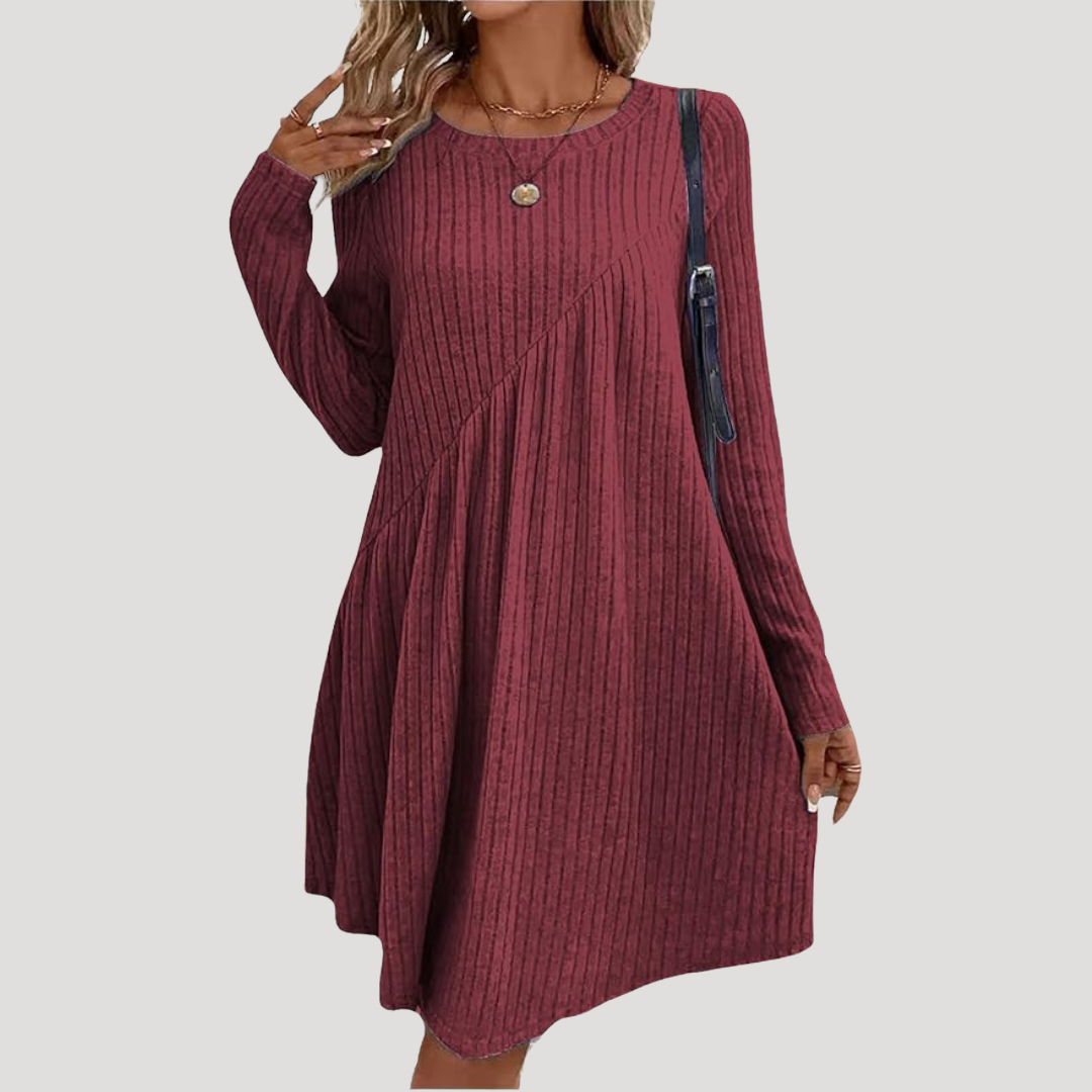 Robe droite femme confortable longueur genou à manches longues, idéale pour les saisons fraîches : automne, hiver, printemps.