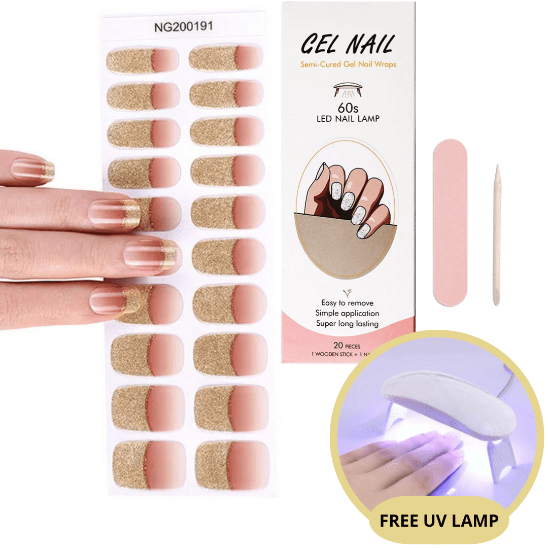 Présentation du kit complet d'autocollants ongles gel UV pour une manucure DIY parfaite.