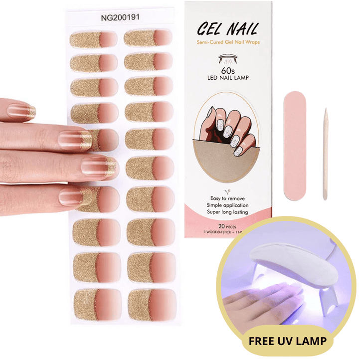 Présentation du kit complet d'autocollants ongles gel UV pour une manucure DIY parfaite.