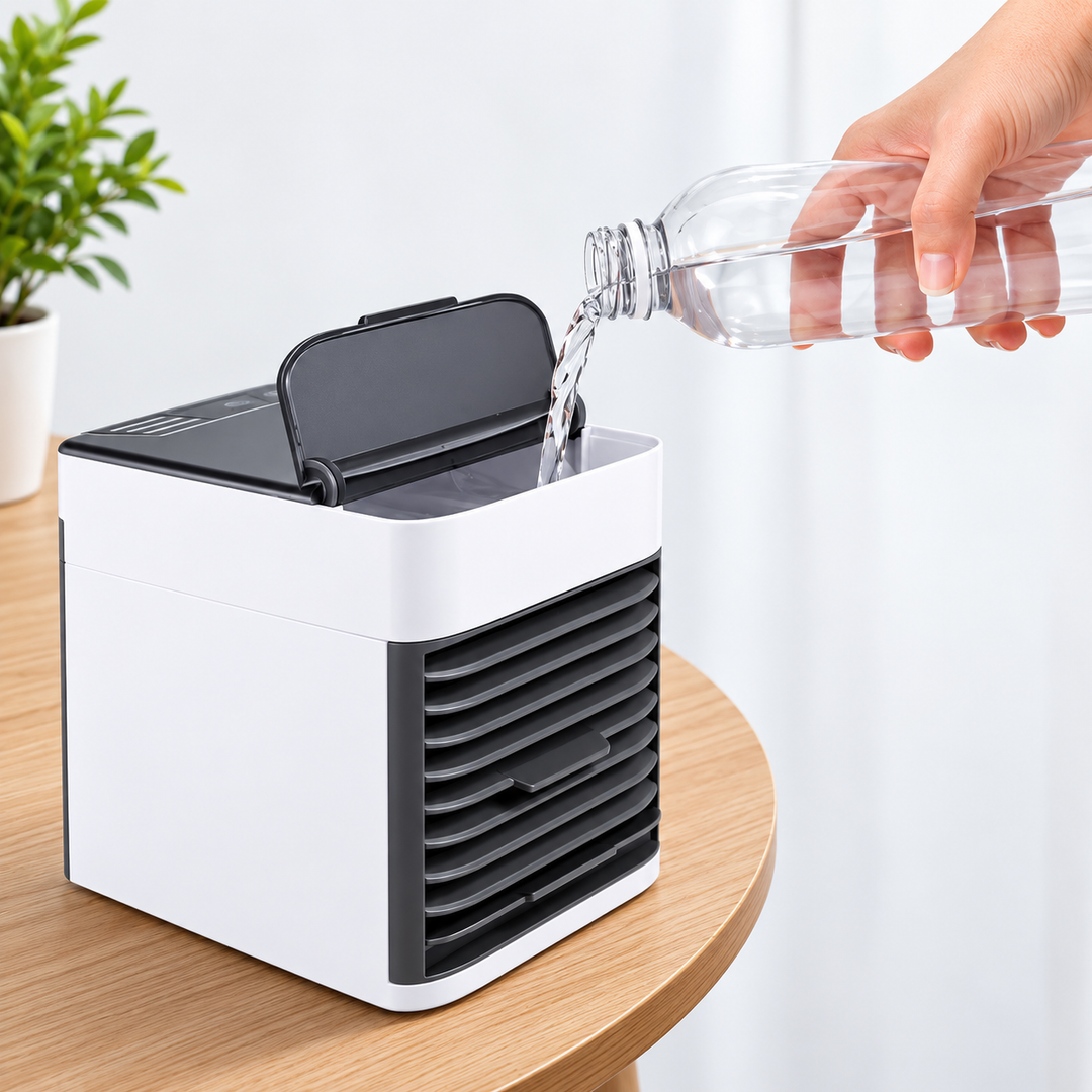 Rafraîchisseur d'air évaporatif USB, silencieux et puissant. Apporte une brise fraîche instantanée partout.