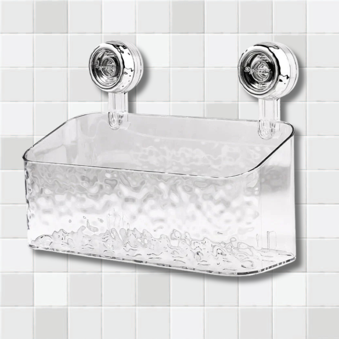 Rangement de douche OptiShelf sans perçage, étagère murale grise avec ventouse puissante pour salle de bain ou cuisine.