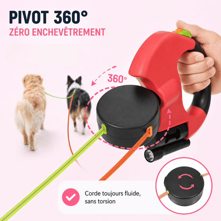Laisse double sécurité pour chiens avec LED intégrée. Visibilité optimale lors des promenades nocturnes.
