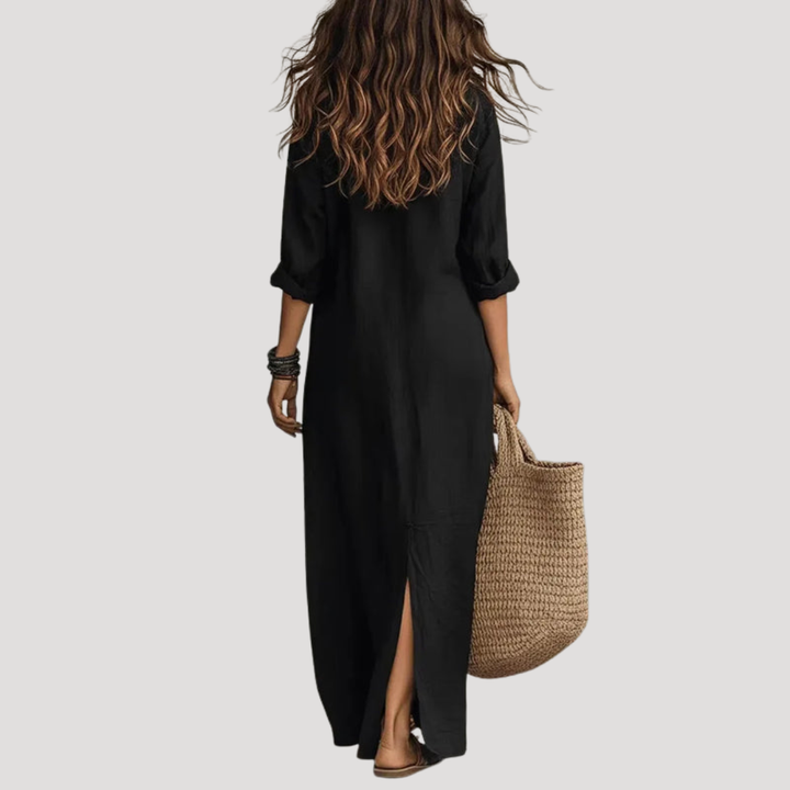 Robe longue femme bohème à col V et fente, design fluide, parfaite pour l'été, les vacances ou tenue décontractée.
