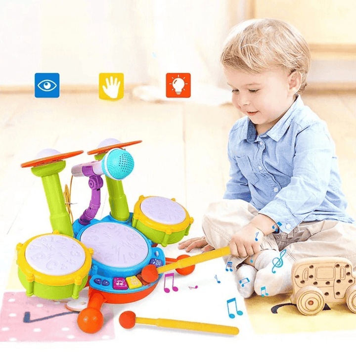 Jouet musical éducatif pour enfants, batterie lumineuse avec micro. Idéal pour apprentissage et coordination ludique.