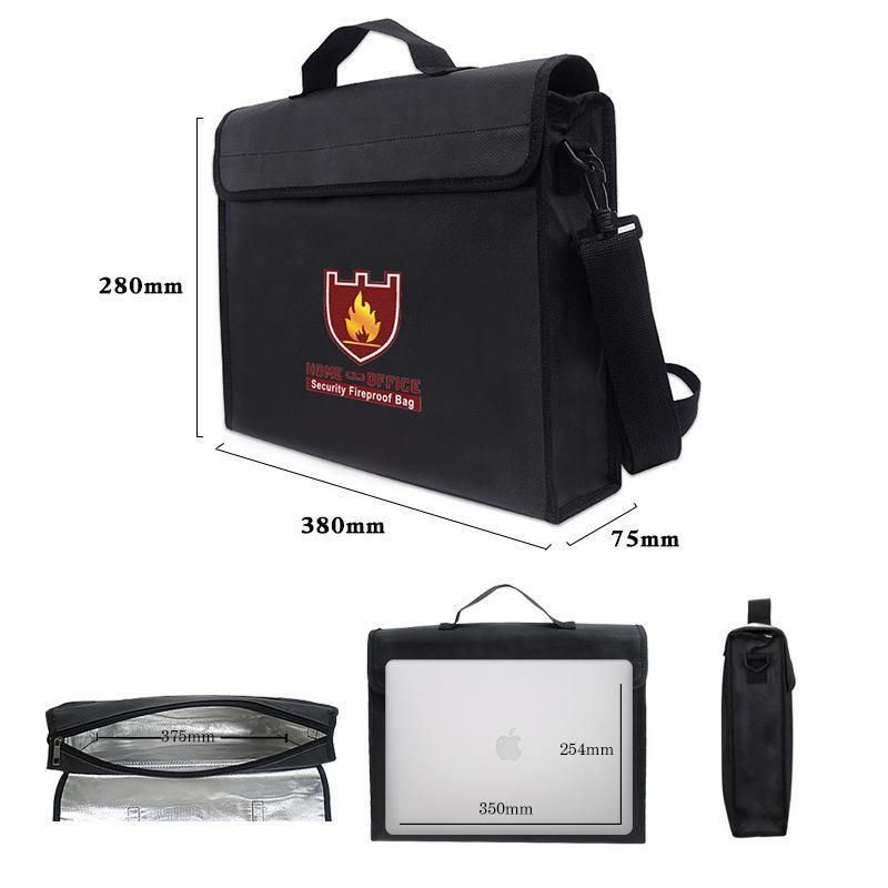 Pochette de sécurité ignifuge et étanche noire pour documents confidentiels, protégeant contre le feu et l'eau.