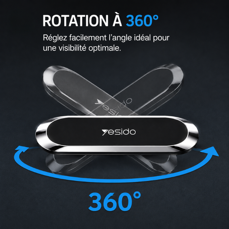 Support téléphone magnétique voiture avec rotation 360° pour angle de vue optimal du smartphone.