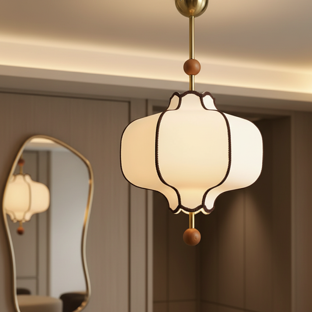 Éclairage intérieur Lanora. Luminaire moderne suspendu en tissu et noyer pour salon.