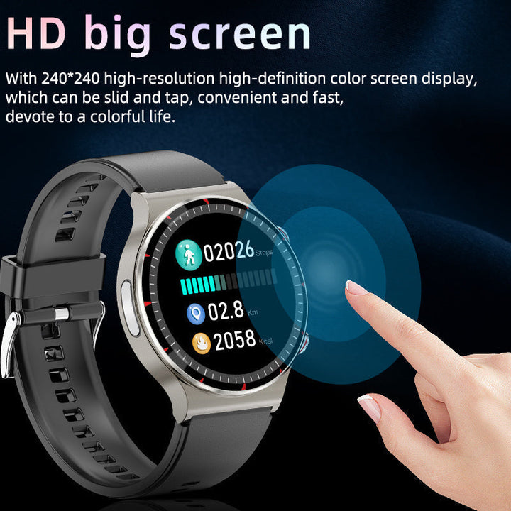 Montre connectée élégante, fonctionnalités ECG, pression artérielle et activité.