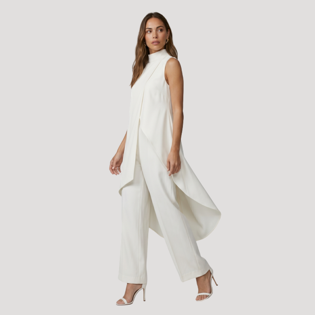 Pantalon large confortable et élégant pour femme, complétant l'ensemble avec haut asymétrique. Silhouette fluide.