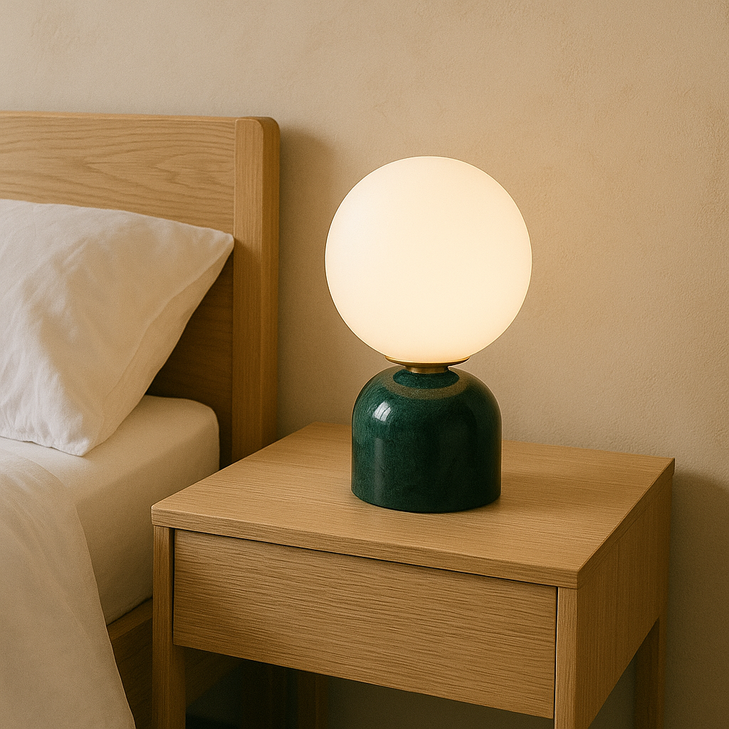 Lampe de table LED à lumière douce, ambiance chaleureuse. Design scandinave minimaliste en verre.