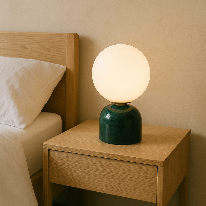 Lampe de table LED à lumière douce, ambiance chaleureuse. Design scandinave minimaliste en verre.