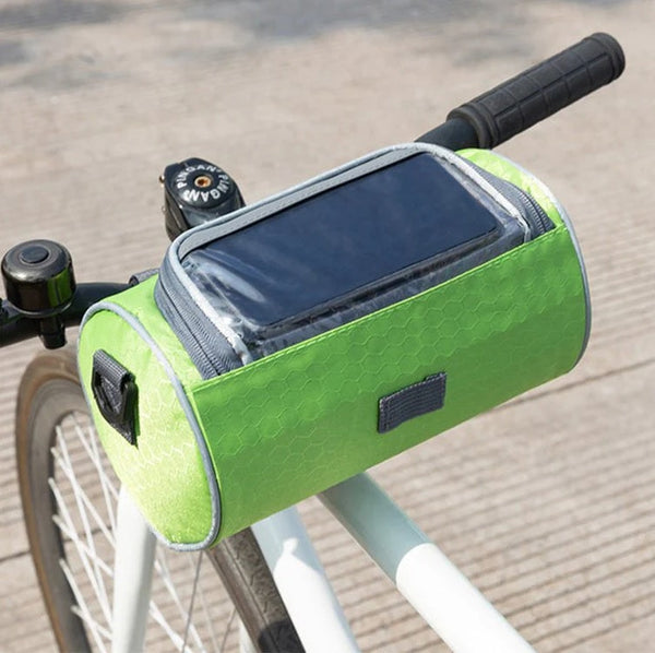 Sacoche vélo multifonction, étanche et résistante, avec support téléphone et fenêtre tactile.