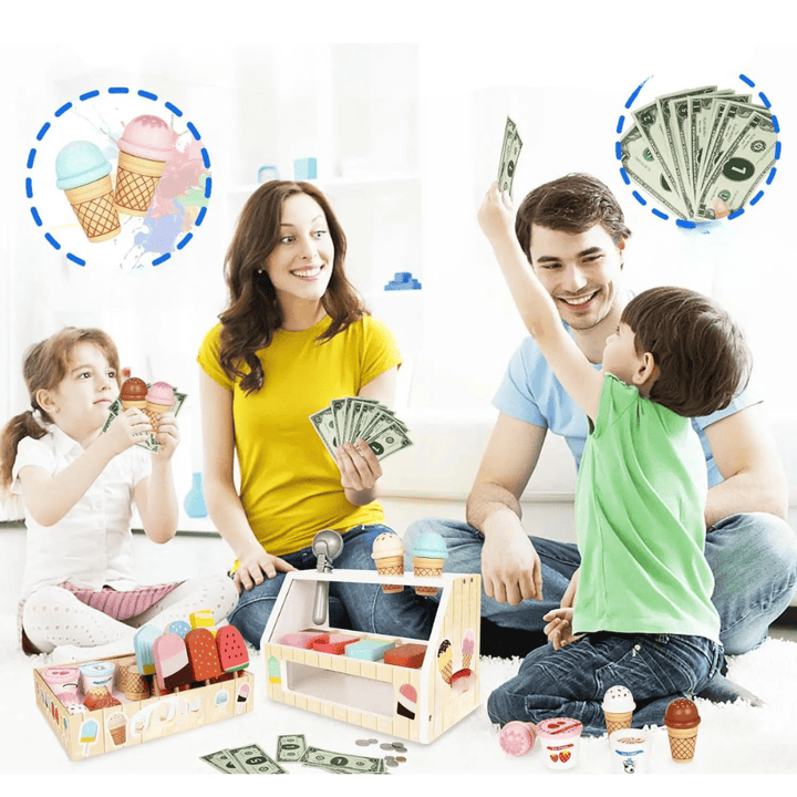 Jouet bois éducatif: jeu de comptoir à glaces Montessori pour enfants, stimulant roleplay et créativité.