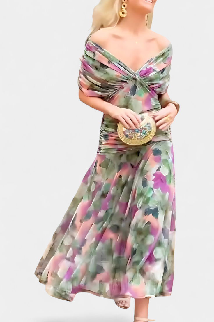 Robe longue femme, motifs floraux, col V, fluide, élégance naturelle pour l'été. Robe chic.
