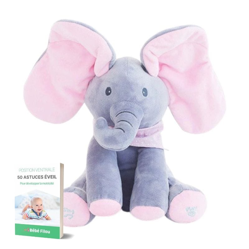 Éléphant interactif musical en peluche pour bébé, jouet d'éveil cache-cache doux et coloré.