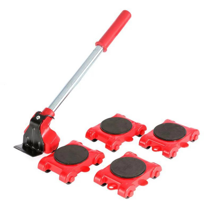 Détail du set Liftaro: levier robuste et patins à roulettes pour déplacer des meubles lourds avec confort.