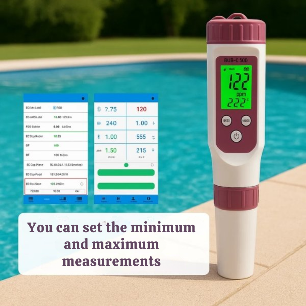 Testeur 7-en-1 pour piscine. Mesure pH, chlore, ORP, EC, TDS, salinité et température de l'eau.