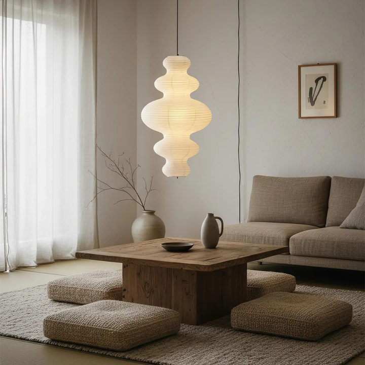 Lampe artisanale Akari Juni, suspension design minimaliste, idéale pour déco intérieure moderne.